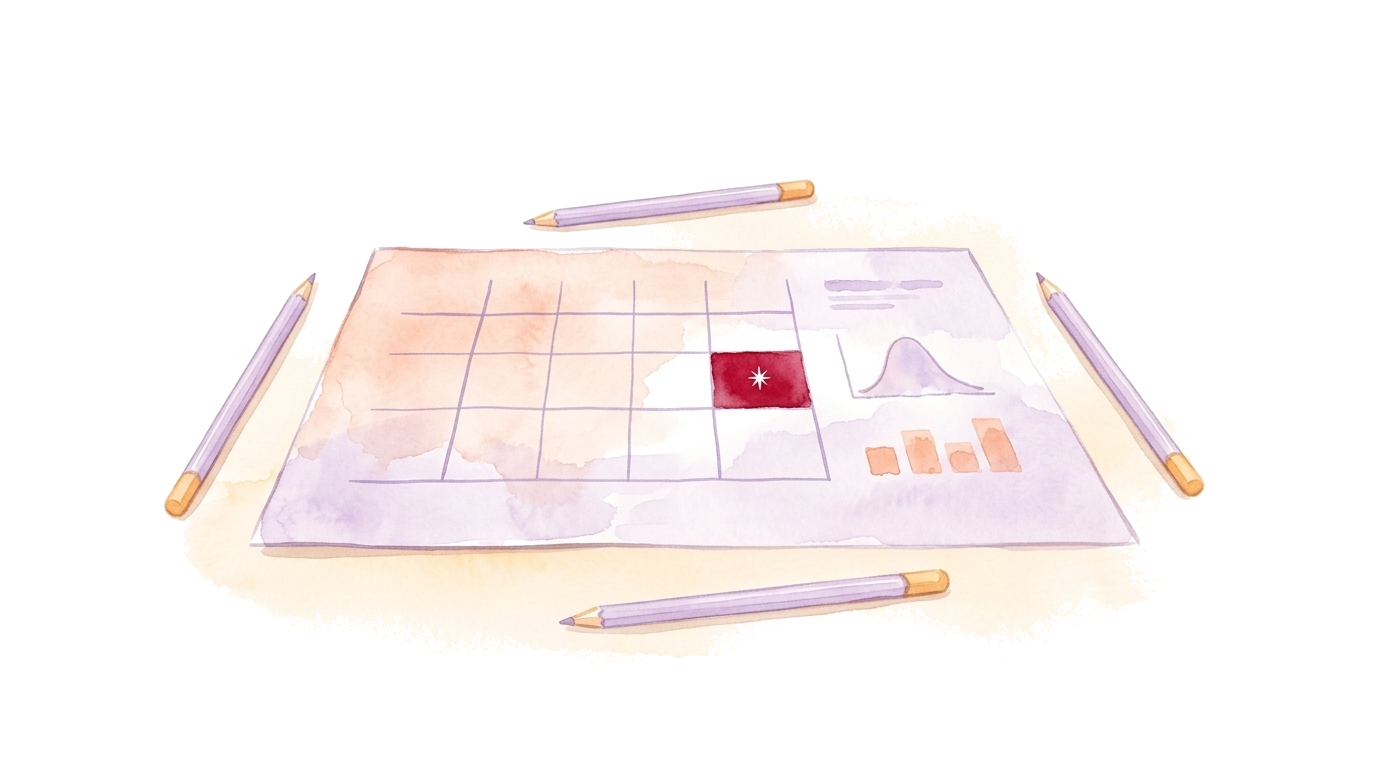 Watercolor illustration: an analysis sheet with a crosstab, a highlighted significant cell, a bell curve and bars, surrounded by four pencils, no people.