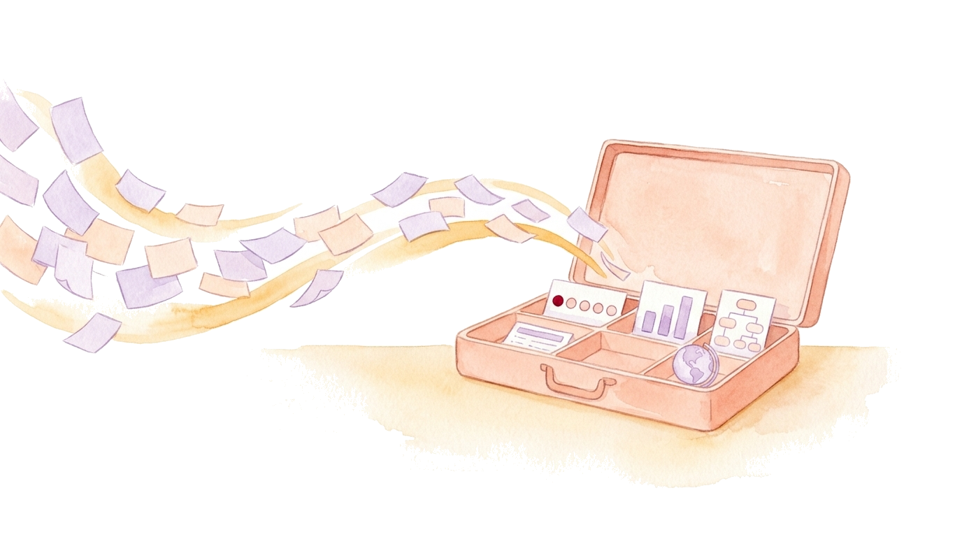 Watercolor illustration: an open toolbox with survey tools such as a Likert scale, bar chart, branching and a globe, into which a stream of answer cards flows, without people.