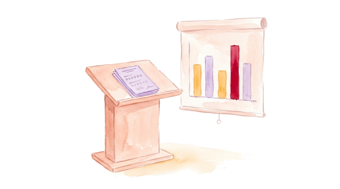 Watercolor illustration: a lectern with evaluation forms and, behind it, a projection screen with a live bar chart and one highlighted bar, no people.