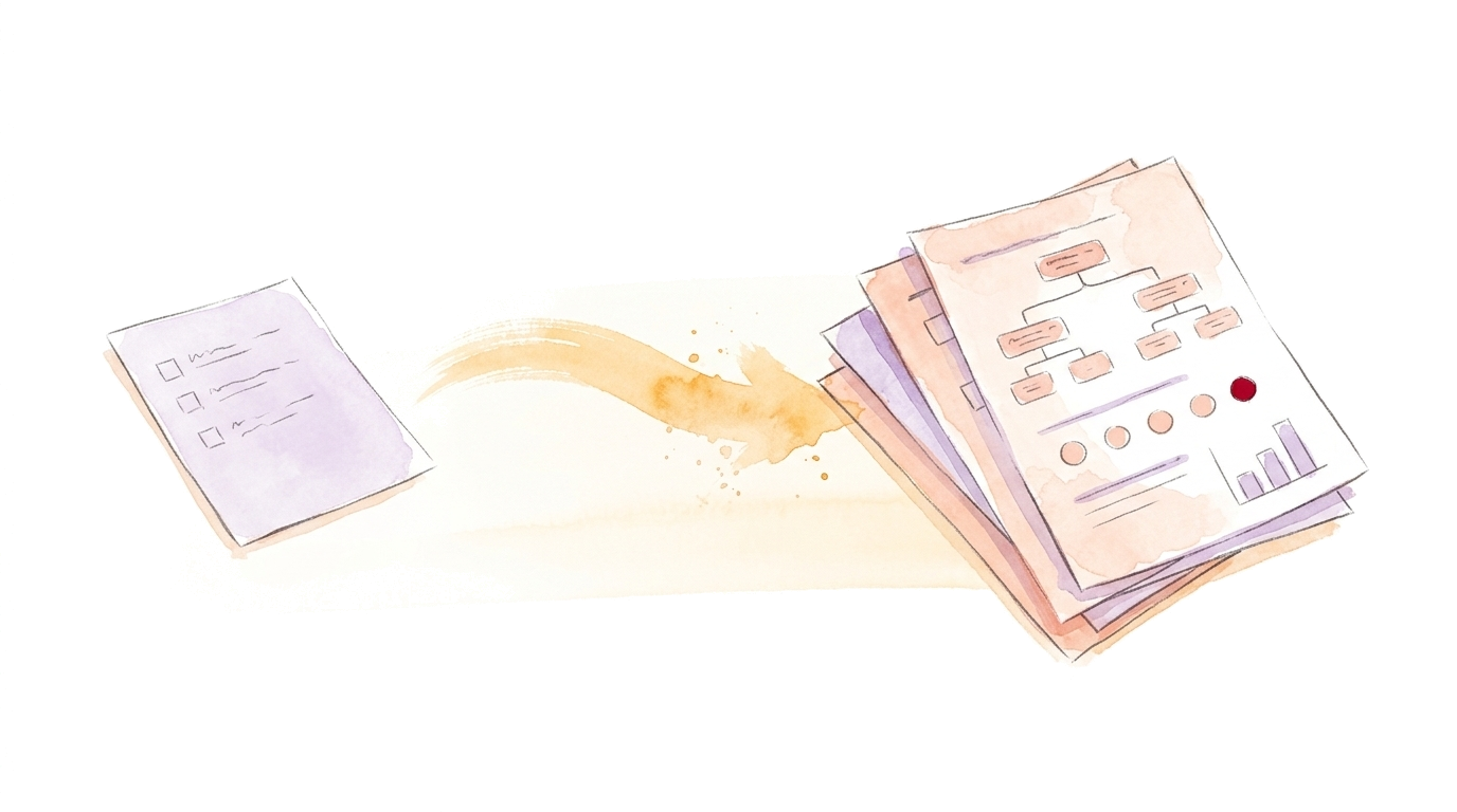 Watercolor illustration: on the left a plain form sheet with a few checkboxes, on the right a multi-page questionnaire with branching, a Likert scale, and a small chart, no people.