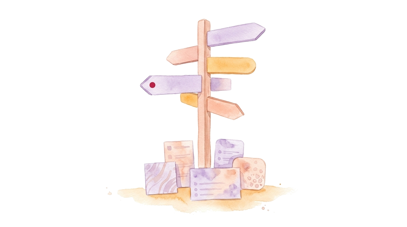Watercolor illustration: a signpost with differently shaped, blank signs, and at its base a group of various questionnaire cards, with no people.