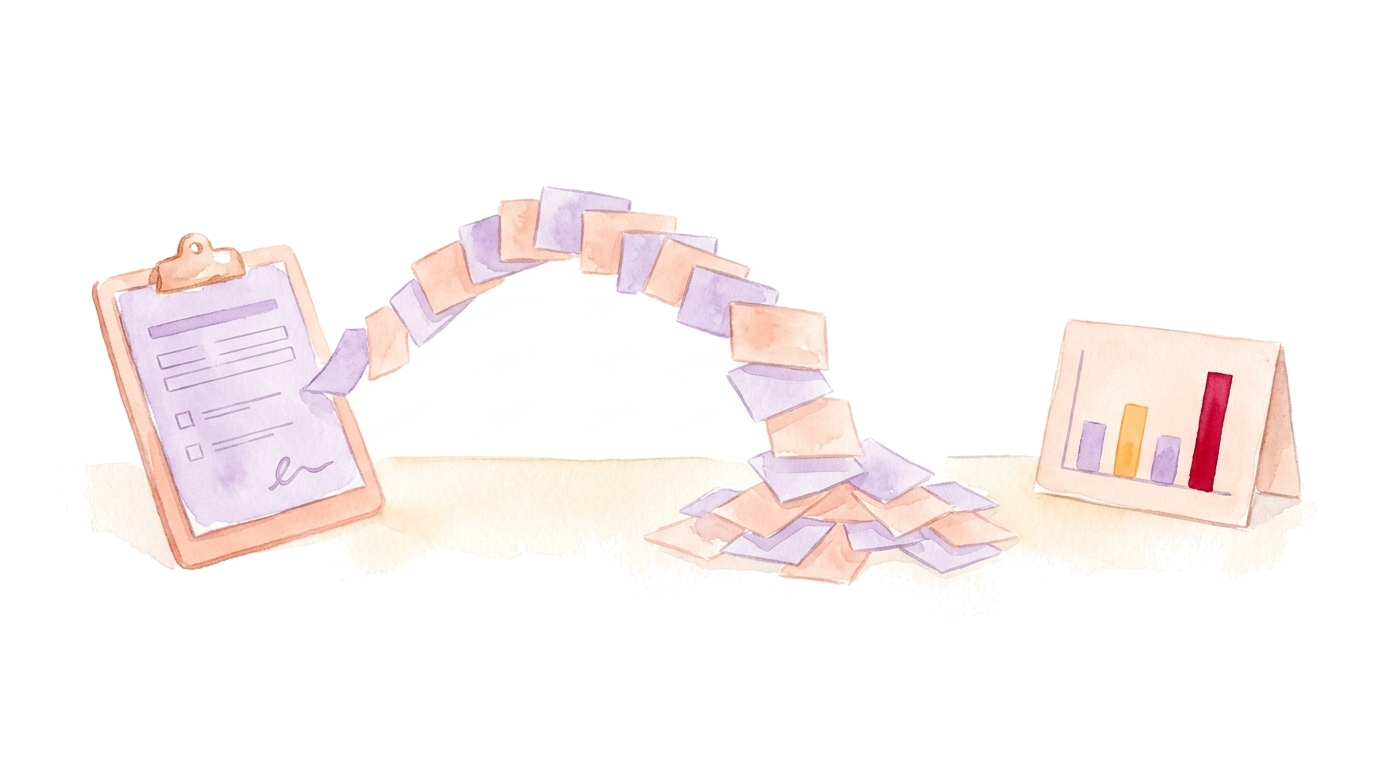 Watercolor illustration: a form on a clipboard with many answer cards flowing out of it into an open stack, next to it a presentation slide with a highlighted bar, no people.