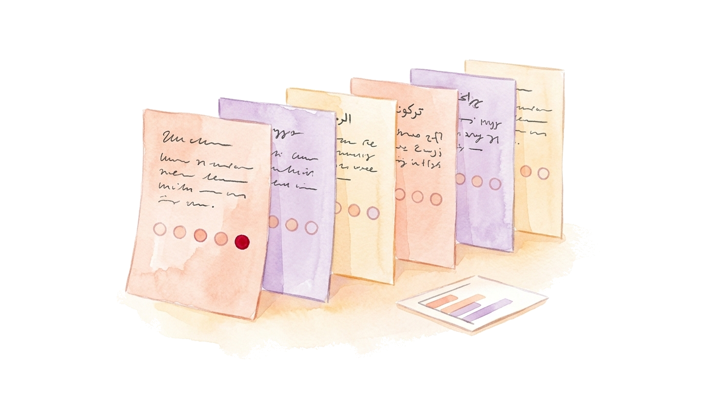 Watercolor illustration: several staggered questionnaire sheets with the same Likert scale in different fonts, and a small bar chart in front, no people.