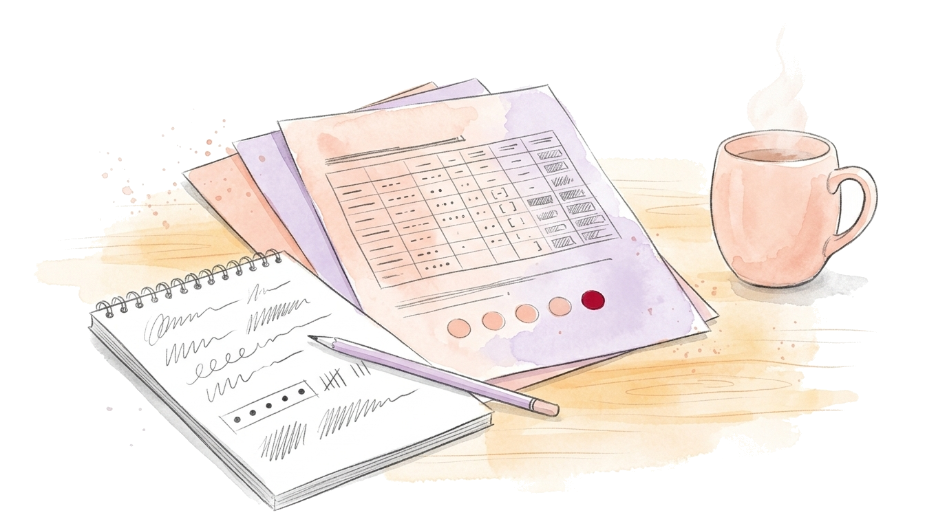Watercolor illustration: a researcher's work desk with loose printed SPSS codebook pages, a notepad with a hand-drawn Likert sketch, a pencil, and a plain coffee cup, without people.
