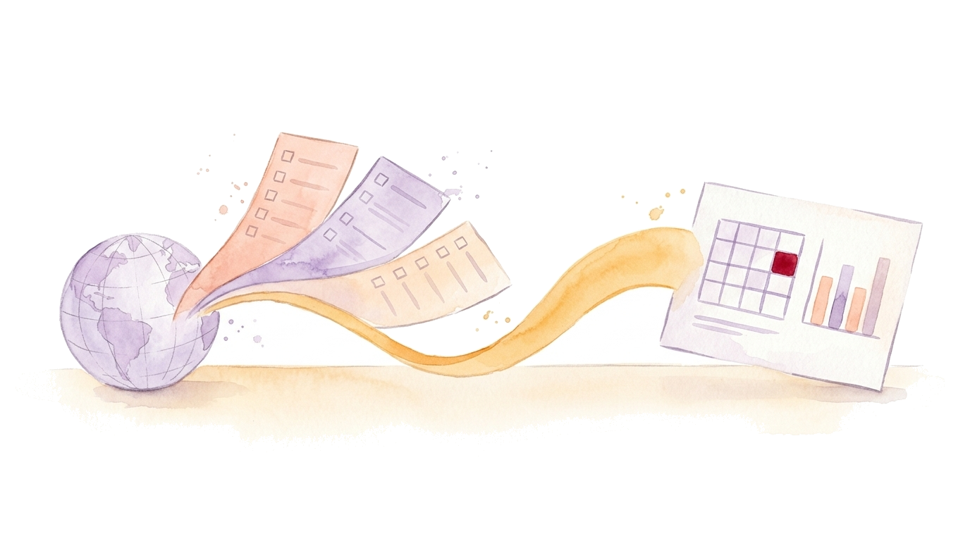 Watercolor illustration: a globe from which several questionnaire cards flow together into an analysis card with a crosstab and bar chart, no people.