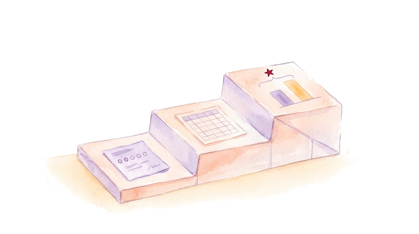 Watercolor illustration: three paper steps with a questionnaire slip, a data table and an analysis sheet with a significance bracket and a highlighted star, no people.
