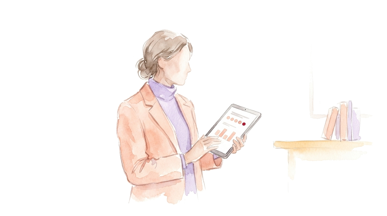 Watercolor illustration: person with tablet, a Likert scale on the display with one answer point highlighted in red