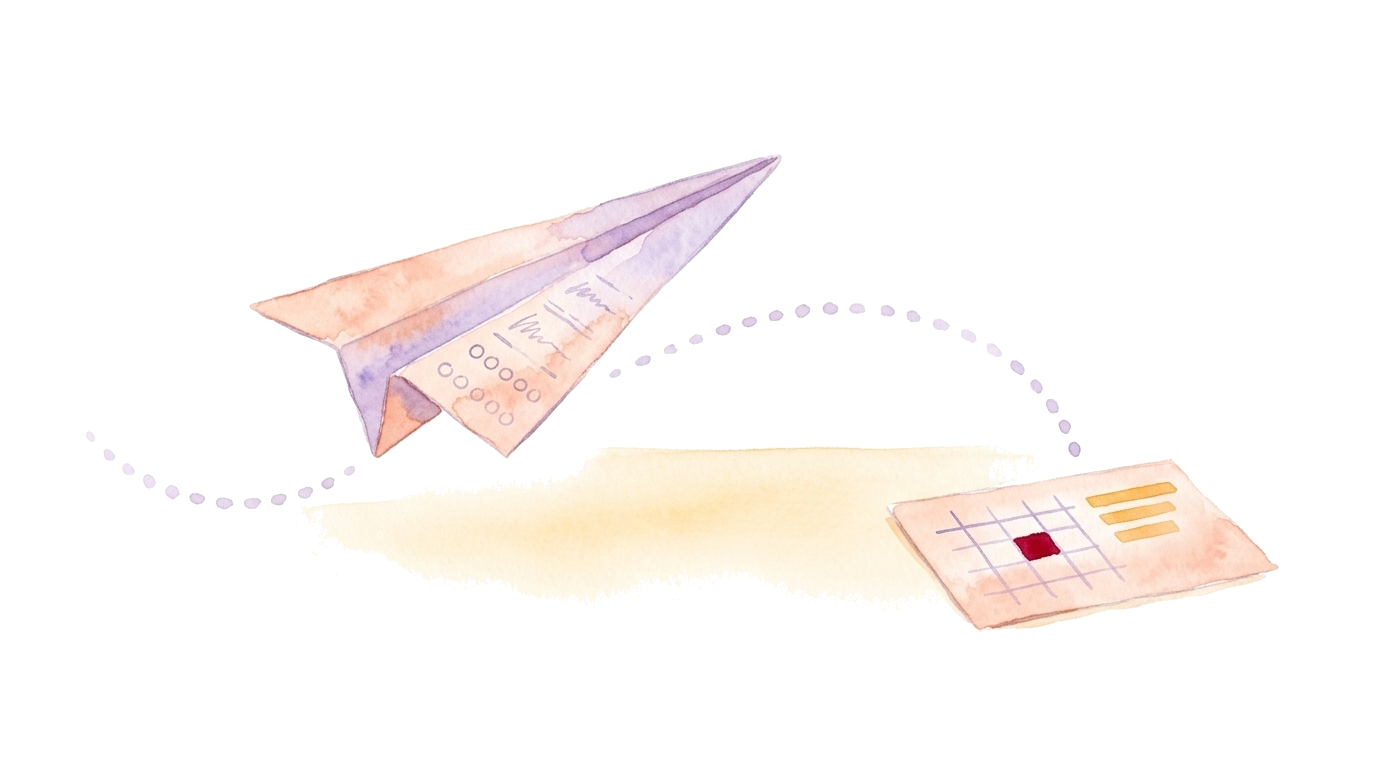 Watercolor illustration: a paper plane made from a questionnaire sheet takes off and follows a dotted path to an analysis card with a crosstab and a highlighted cell, no people.