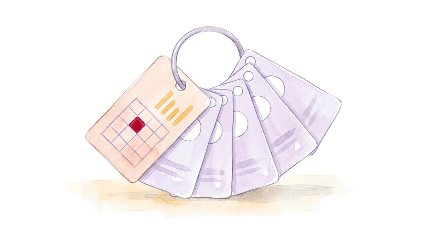 Watercolor illustration: a ring with a fan of identical user cards and a front card showing a crosstab with a highlighted cell, no people.