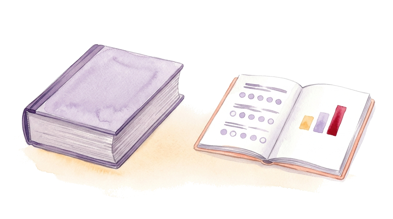 Watercolor illustration: a heavy closed bound volume next to a slim open notebook with a questionnaire and a small chart, no people.