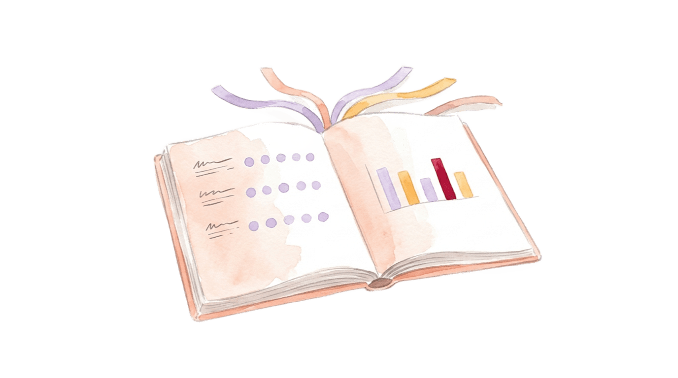 Watercolor illustration: one large open notebook with a questionnaire and a small chart, several colored bookmark ribbons sticking out, no people.