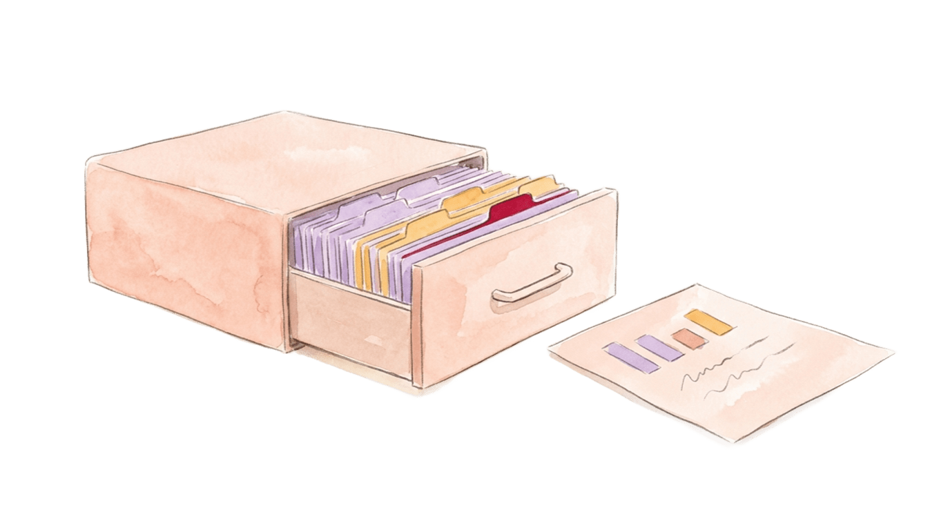 Watercolor illustration: a half-open filing drawer with neatly ordered response cards and one highlighted tab, a finished report sheet in front, no people.