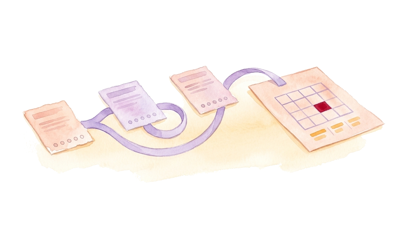 Watercolor illustration: three questionnaire cards connected by colored ribbons with a branch and a loop, flowing into an analysis sheet with a crosstab and a highlighted cell, no people.