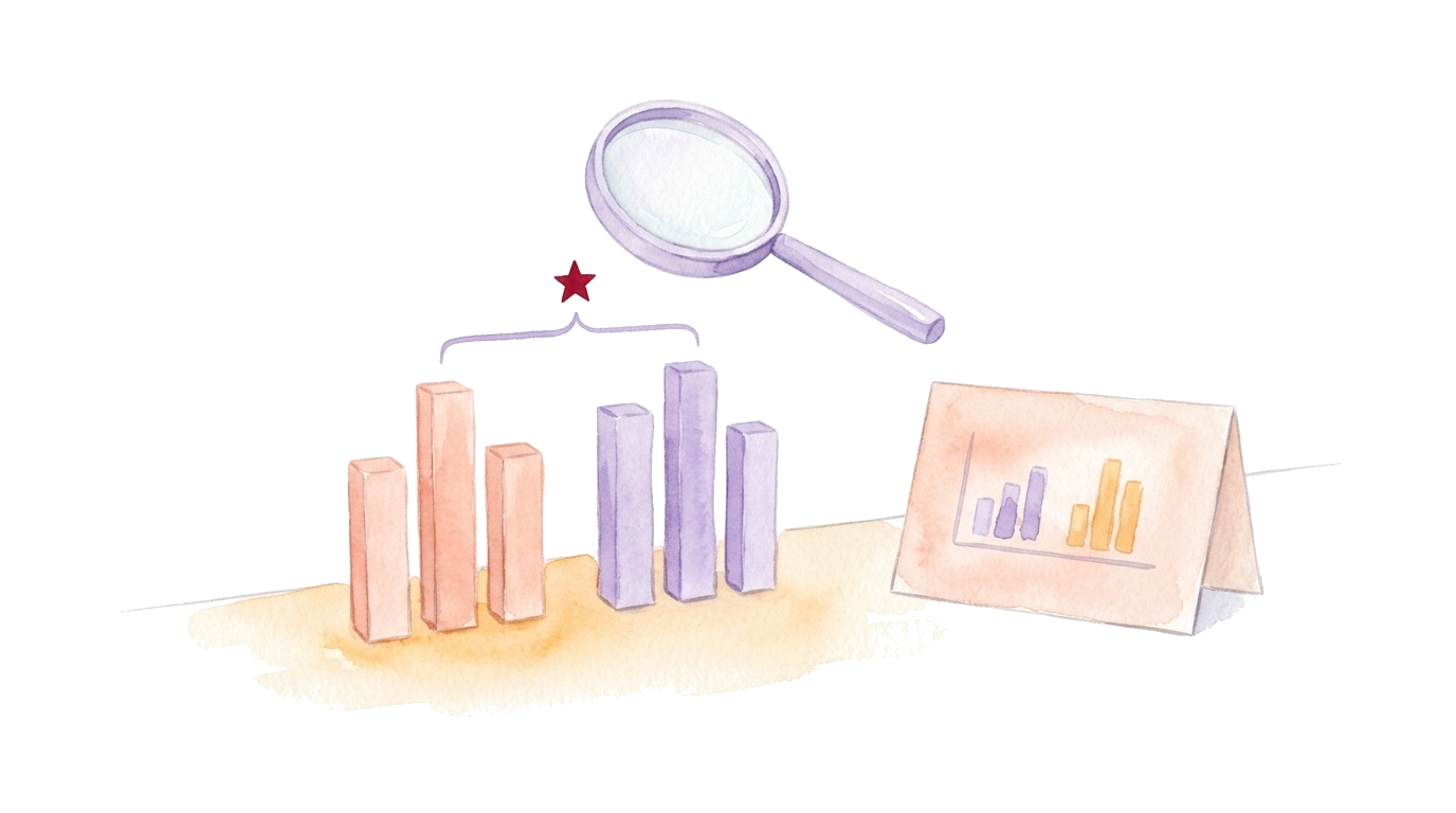 Watercolor illustration: two bar groups with a significance bracket and a highlighted star under a magnifying glass, next to a small presentation slide showing the same result, no people.