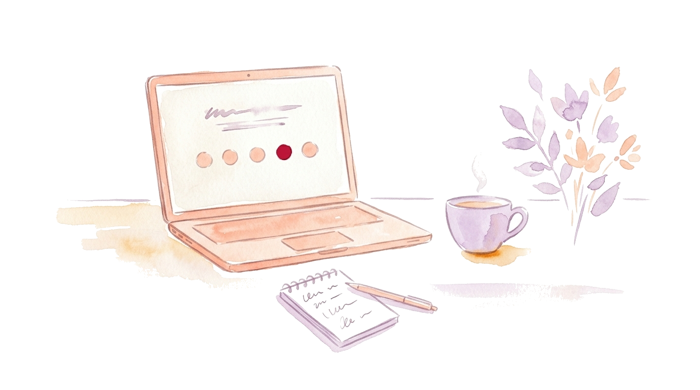 Watercolor illustration: a modern office workspace with an open laptop running a survey with a Likert scale, plus a coffee cup and notepad, no people.