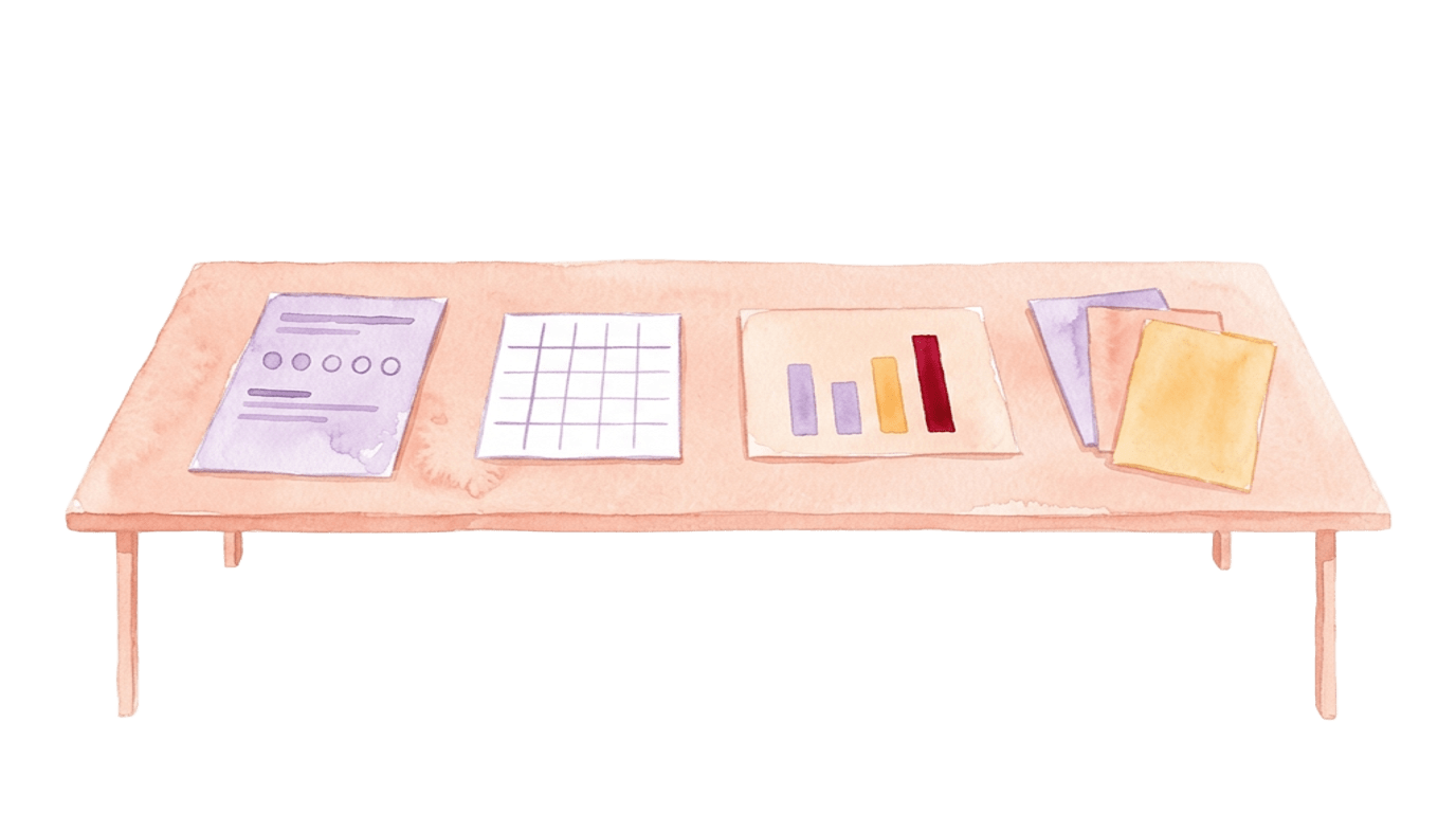 Watercolor illustration: a long low table with a questionnaire, a crosstab grid, a chart slide with one highlighted bar and a small stack of language pages laid out side by side, no people.