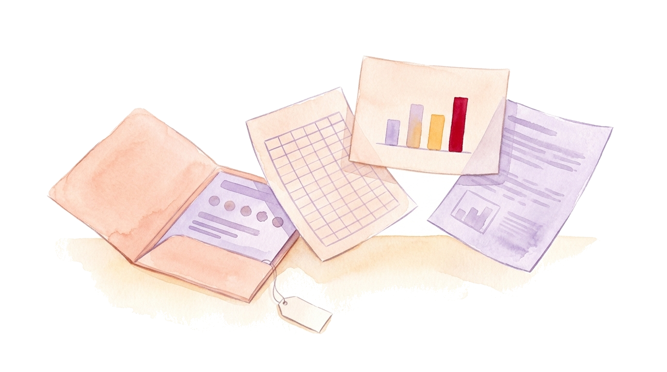 Watercolor illustration: an open folder with a questionnaire card, out of which slide a data sheet, a presentation slide with a highlighted bar and a text document, no people.