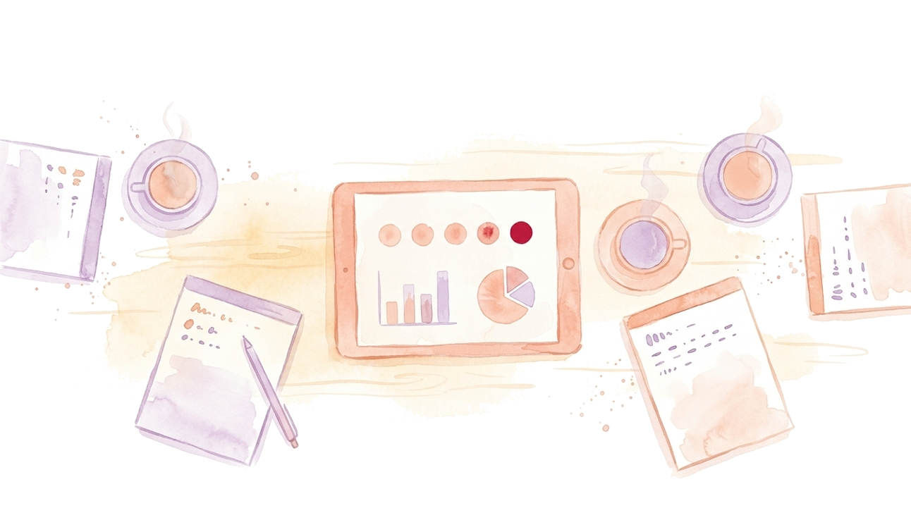 Watercolor illustration: an enterprise meeting-room table with a projected dashboard, a Likert scale and chart fragments, coffee cups and notepads, without any people.