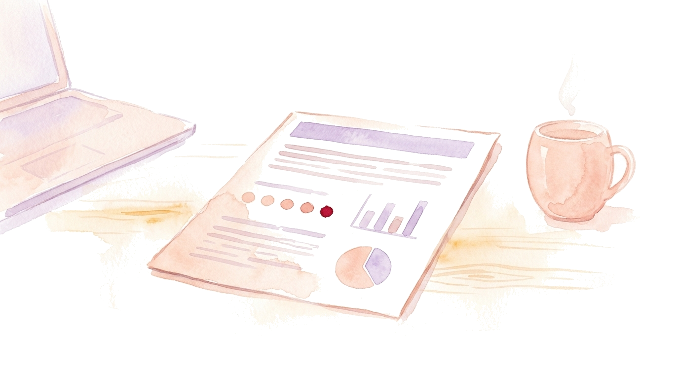 Watercolor illustration: a work workspace with a printed Office report (Likert scale, bar and pie chart), a hinted laptop edge in the background and a plain coffee cup, no people.