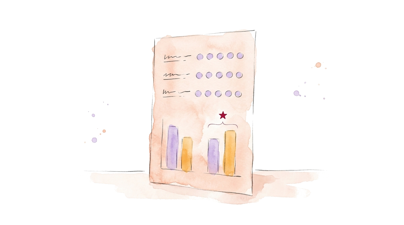 Watercolor illustration: one sheet with questionnaire rows at the top and two bar pairs below, joined by a bracket with a small highlighted star, no people.