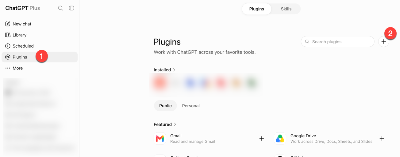 ChatGPT — Plugins section with the Plugins sidebar entry and the plus button at the top right