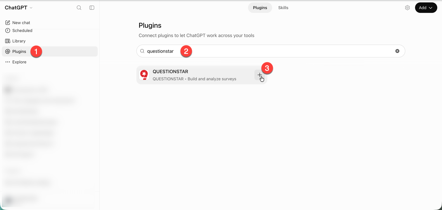 ChatGPT — sidebar with the Plugins entry, the search field with “questionstar” and the official QUESTIONSTAR plugin with the plus button
