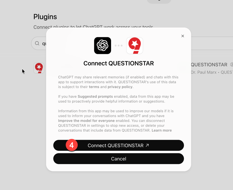 ChatGPT — Connect QUESTIONSTAR dialog with the Connect button