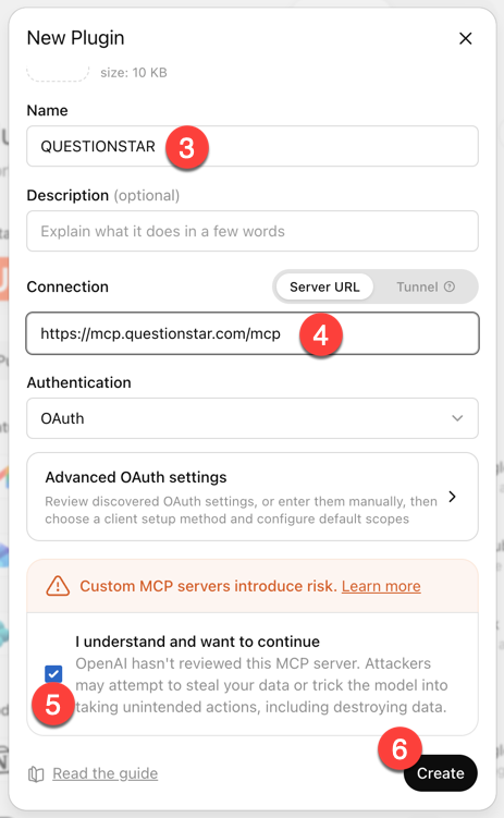 ChatGPT — New Plugin dialog with the name QUESTIONSTAR, the server URL https://mcp.questionstar.com/mcp, the confirmation checkbox and the Create button