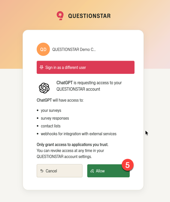 QUESTIONSTAR authorization dialog “ChatGPT is requesting access” with the Allow button