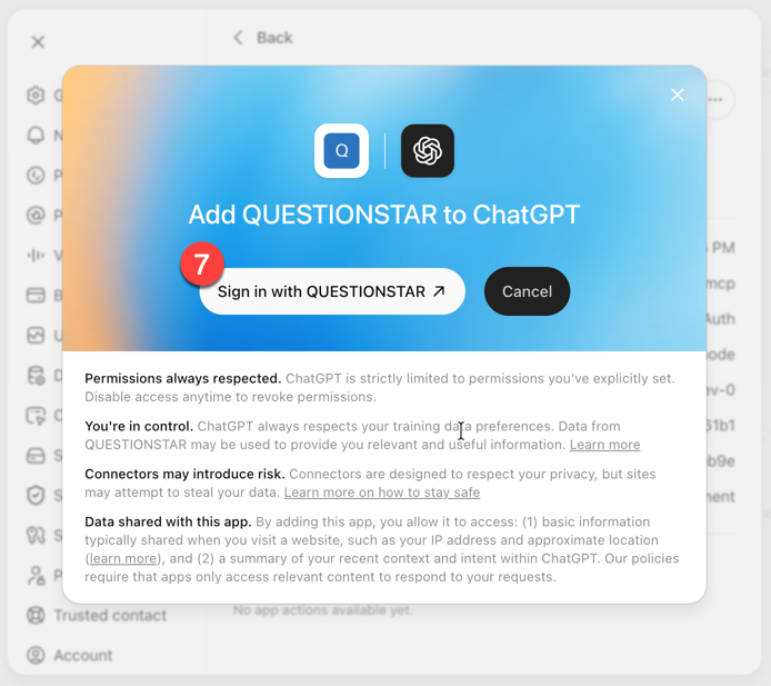 ChatGPT — Add QUESTIONSTAR to ChatGPT dialog with the Sign in with QUESTIONSTAR button