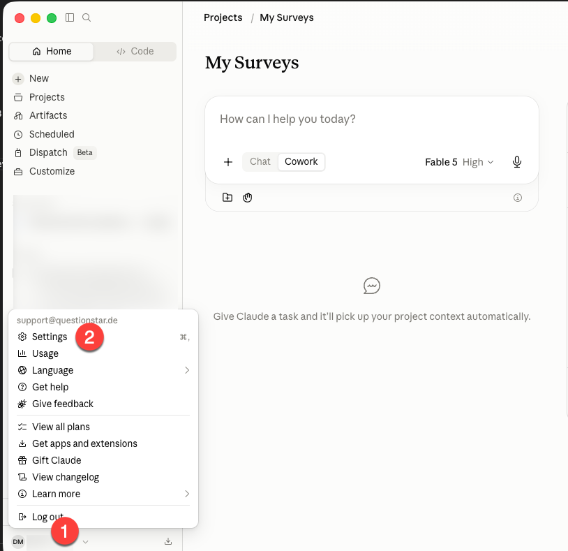 Claude Desktop — account menu at the bottom left with the Settings entry