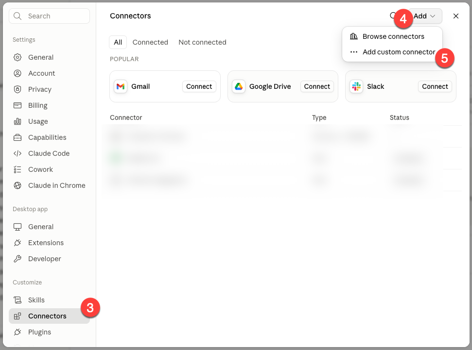 Claude Desktop — Connectors section with the Add menu open and the Add custom connector entry