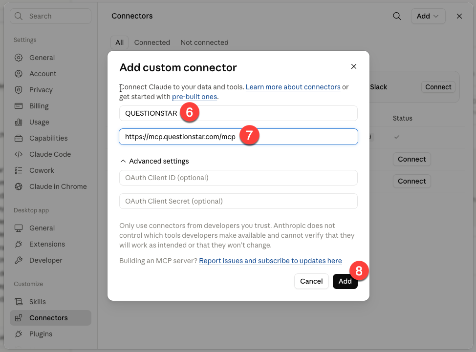 Claude Desktop — Add custom connector dialog with the name QUESTIONSTAR and the URL https://mcp.questionstar.com/mcp