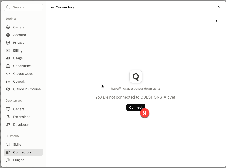 Claude Desktop — QUESTIONSTAR connector page with the Connect button