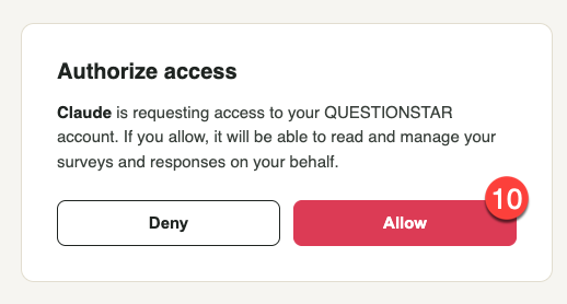 QUESTIONSTAR Authorize access dialog with the Deny and Allow buttons