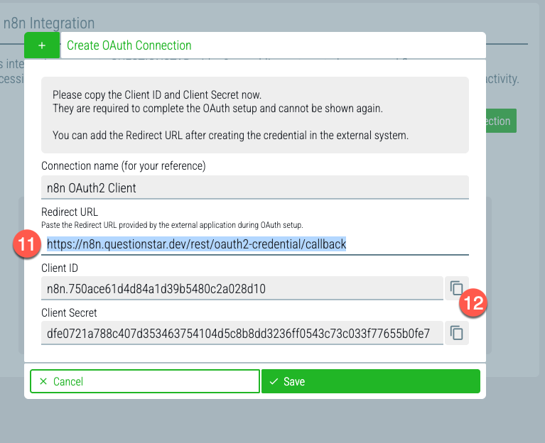 Redirect URL and Client ID fields in QUESTIONSTAR