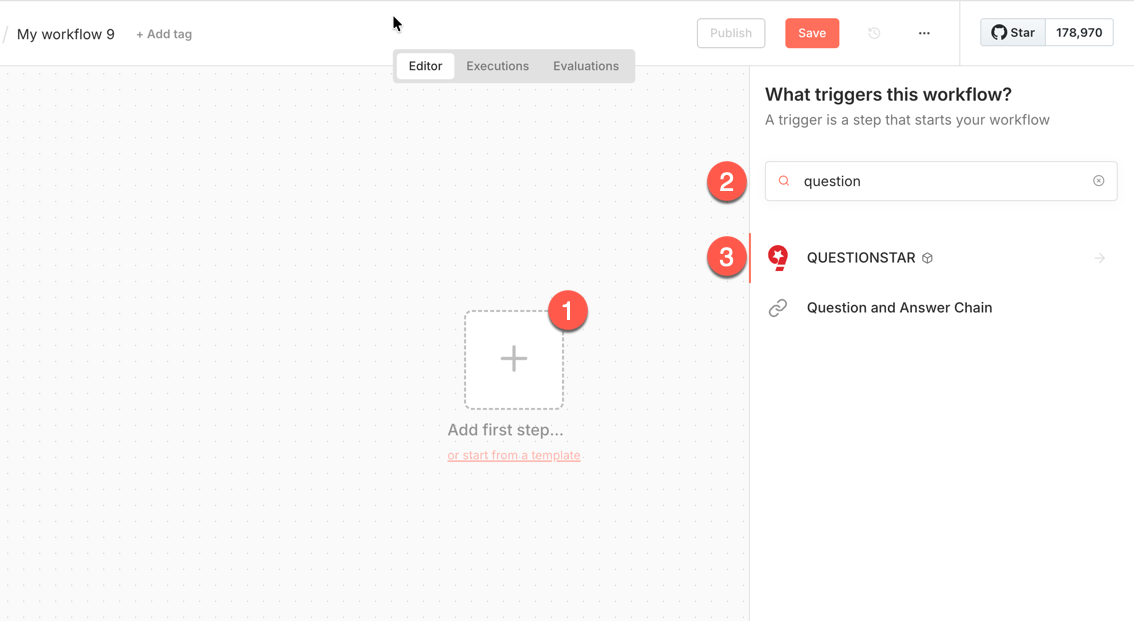 Adding a new step and searching for questionstar