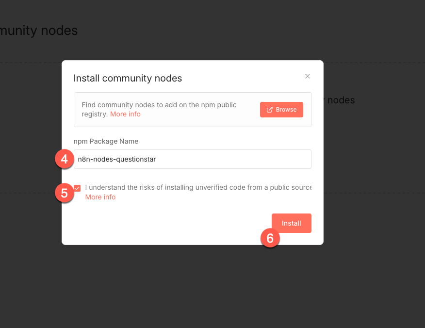Install community nodes dialog