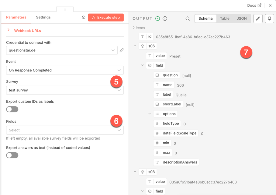 Selecting the survey and fields