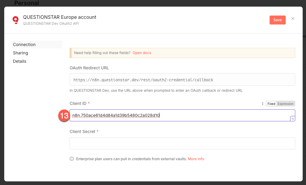 Pasting the Client ID into n8n