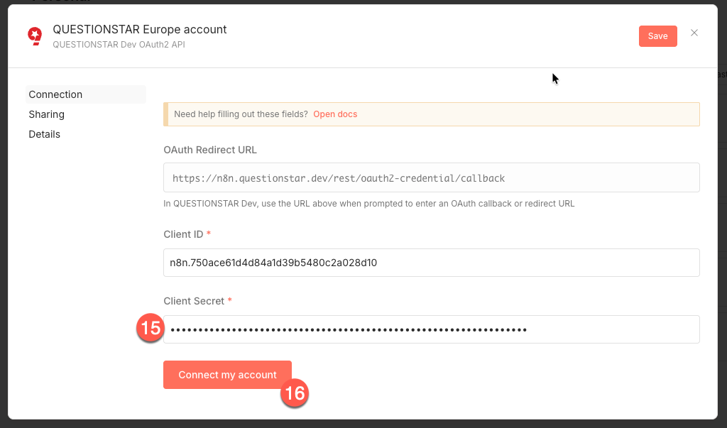 Pasting the Client Secret into n8n