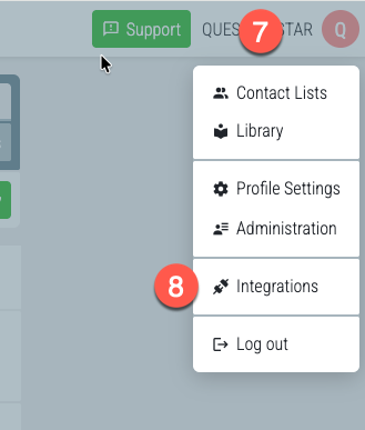 QUESTIONSTAR user menu — Integrations