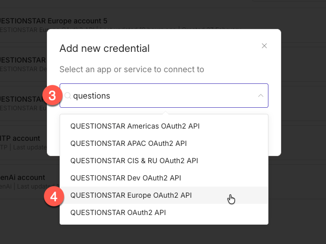 Add new credential dialog — search for questionstar