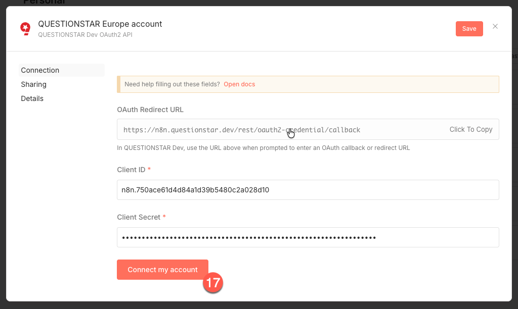 Connect my account button in n8n