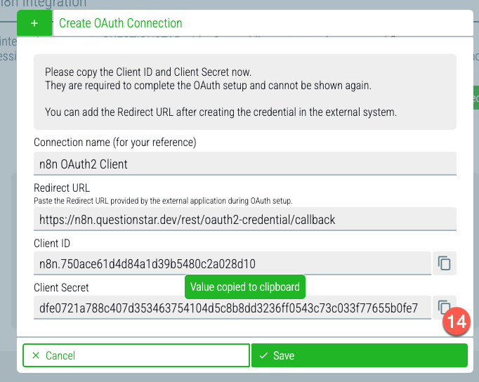 Copying the Client Secret from QUESTIONSTAR