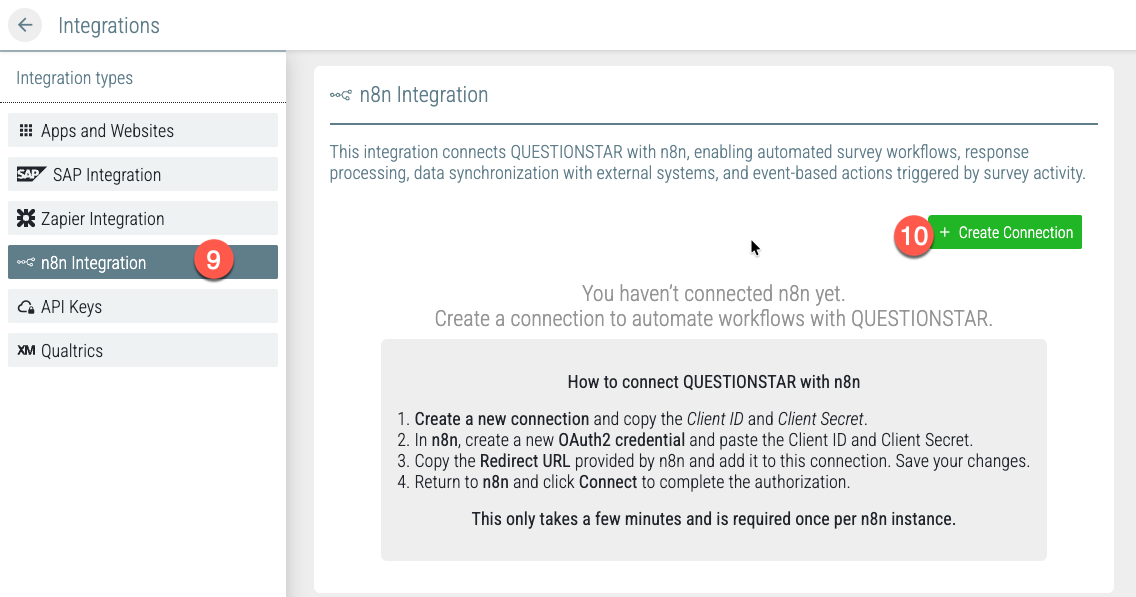 n8n integration page in QUESTIONSTAR