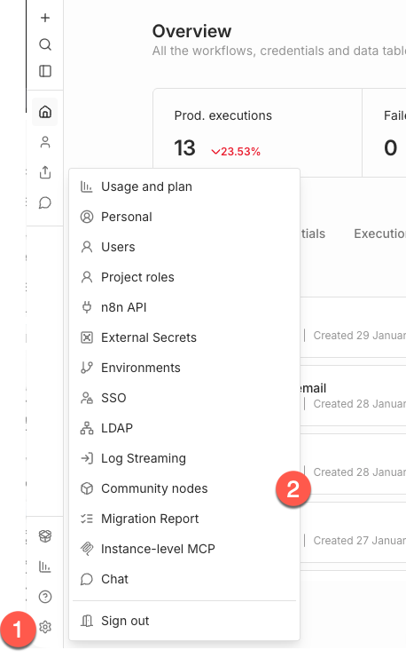 n8n Settings menu
