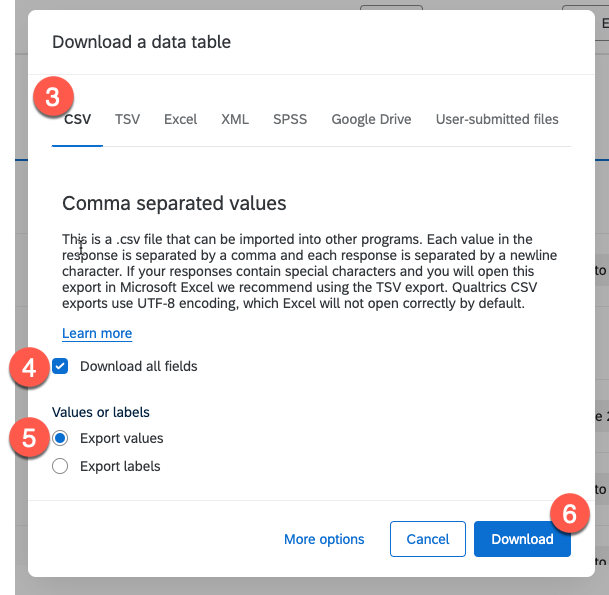 Qualtrics export dialog — CSV format, Download all fields, Export values