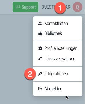 QUESTIONSTAR profile menu — Integrations