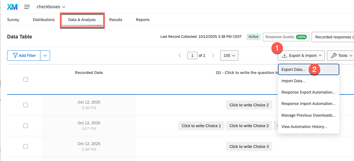 Qualtrics Data & Analysis — Export & Import → Export Data